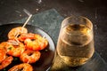 Fried grilled shrimp prawns with white wine