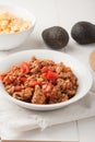 Fried ground meat with tomatoes ready for tacos