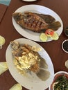 Fried fish and grilled fish on white plate in a restaurant