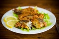 Fried hake fish in batter with lettuce and lemon in a plate