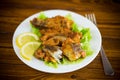 Fried hake fish in batter with lettuce and lemon in a plate