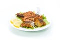 Fried hake fish in batter with lettuce and lemon in a plate