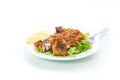 Fried hake fish in batter with lettuce and lemon in a plate