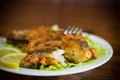 Fried hake fish in batter with lettuce and lemon in a plate