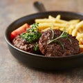 Fried hamburger steaks with tomatoes and french fries. Rustic background. Royalty Free Stock Photo