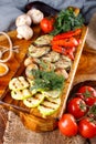 Fried healthy vegetables on a cutting Board