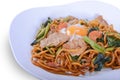 Fried Hokkien Noodles or `Hokkien Mee` with egg on white bowl for Thai food Royalty Free Stock Photo