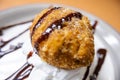 Fried ice cream with chocolate syrup and cream on plate Royalty Free Stock Photo