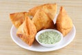 Fried Indian potato Samosawith coconut sause . Royalty Free Stock Photo