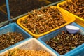 Fried insects . Night market in Bangkok. Thailand Royalty Free Stock Photo