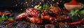 Fried juicy chicken wings, delicious juicy chicken wings with spices and sauce close-up, banner Royalty Free Stock Photo
