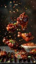 Fried juicy chicken wings, delicious juicy chicken wings with spices and sauce close-up Royalty Free Stock Photo