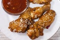 Fried juicy chicken wings marinated with honey, soy sauce, spices, sprinkled with sesame seeds on a white plate with sauce. Asian Royalty Free Stock Photo