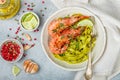 Fried king prawns with garlic, pepper, lime and parsley cilantro. Large shrimp. Langoustine. Delicious dinner with pasta tagliat