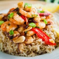 Fried king prawns vegetable brown rice Royalty Free Stock Photo