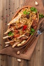 Fried lamb chops with fried onions, garlic and fresh herbs. Royalty Free Stock Photo