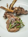 Fried lamb chops with vegetables on a white plate Royalty Free Stock Photo