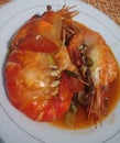 Fried large prawns in oyster sauce