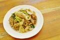 Fried large rice noodles with pork and vegetable in black soy sauce on plate Royalty Free Stock Photo