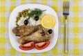 Fried legs with rice, pieces of tomatoes and olives, lemons Royalty Free Stock Photo