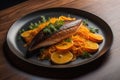 Fried mackerel with carrot and parsley on black plate. generative ai