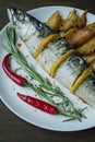 Fried mackerel served on a plate, decorated with spices, herbs and vegetables. Proper nutrition. View from above. Dark wooden Royalty Free Stock Photo