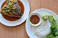 Fried mango fish head dressing ginger soy sauce eat with rice and spicy shrimp paste sauce Royalty Free Stock Photo