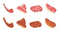 Fried meat. Bbq party icons, lamb, pork or cow steak. Fresh raw meats slices, isolated cartoon food from animal. Cooking