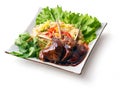 Fried meat ribs in sauce with rice salad... Royalty Free Stock Photo