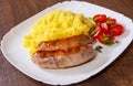 Fried meat sausages with mashed potatoes and vegetables salad Royalty Free Stock Photo