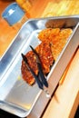 Fried meat selection on baking tray Royalty Free Stock Photo