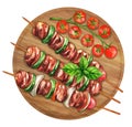 Fried meat and vegetables on wooden skewers. Watercolor illustration Royalty Free Stock Photo