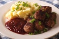 fried meatballs, lingonberry sauce with potato garnish close-up. horizontal Royalty Free Stock Photo