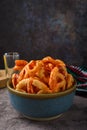 Fried Mexican wheat chips with hot sauce. Duritos Royalty Free Stock Photo