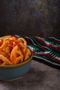 Fried Mexican wheat chips with hot sauce. Duritos Royalty Free Stock Photo