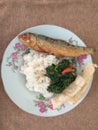 Fried milkfish with swamp cabbage and rambak crackers Royalty Free Stock Photo