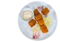 Fried mozzarella cheese sticks breaded with sauce on plate. top view. isolated Royalty Free Stock Photo