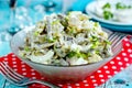 Fried mushroom, meat, onion and egg salad in a glass bowl Royalty Free Stock Photo