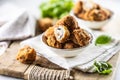 Fried mushrooms in breadcrumbs in a white bowl. Homemade crispy deep fried mushrooms