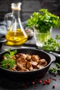 Fried mushrooms, champignons in pan Royalty Free Stock Photo