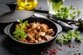 Fried mushrooms, champignons in pan Royalty Free Stock Photo