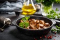 Fried mushrooms, champignons in pan Royalty Free Stock Photo