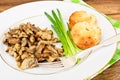 Fried Mushrooms with Onions, Bruschetta, Croutons, Chives