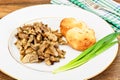 Fried Mushrooms with Onions, Bruschetta, Croutons, Chives