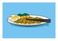 Fried noodle with boiled egg and vegetables topping. Simple flat illustration.