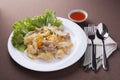 Fried noodle with chicken with sauce, spoon and fork for lunch Royalty Free Stock Photo