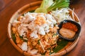 Fried noodle shrimp prawn and crab meat, Thai food noodles stir fry vegetables and rice vermicelli with egg cooked Asian food Royalty Free Stock Photo