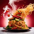 Fried noodles, asian spicy couisine