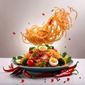 Fried noodles, asian spicy couisine