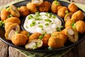 Fried olives stuffed with almonds close-up and cream sauce. horizontal